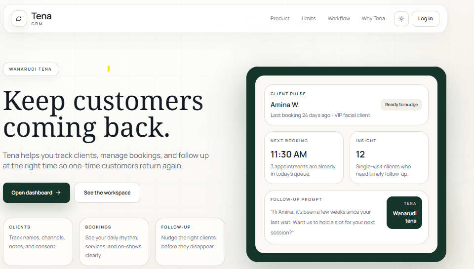 Tena CRM booking and client retention interface